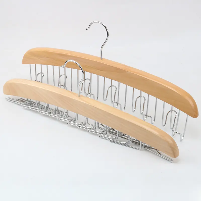 New arrival wooden tie hanger with 24 metal hook hangers for sto